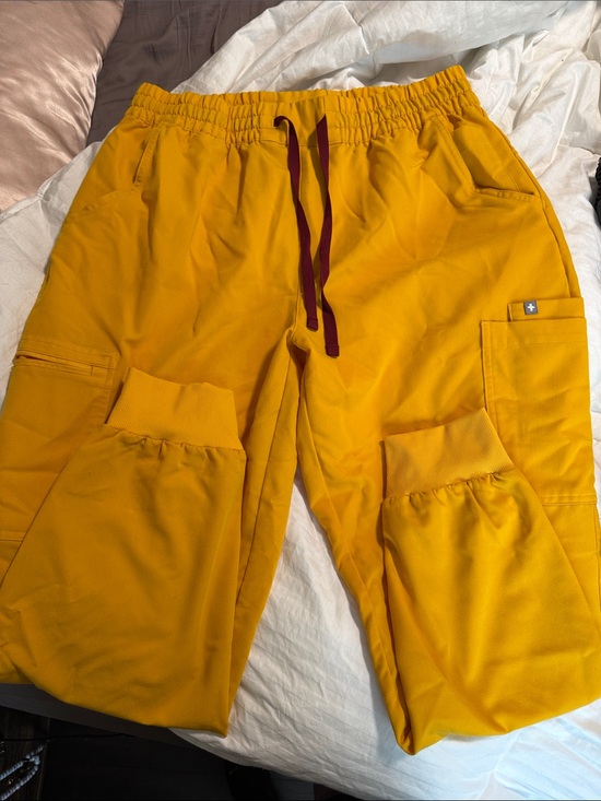 Figs Pants - Women’s Figs Mustard Yellow Cargo Joggers with Maroon Drawstring